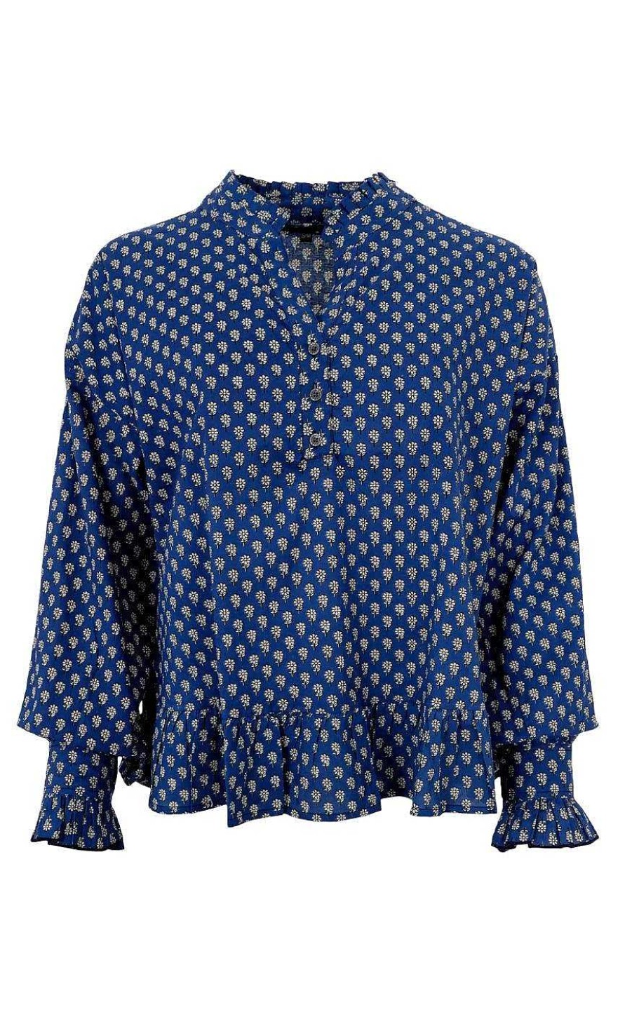 Black Colour Black Color Blouse - Flora Ruffle - Blue Floral | Blouses