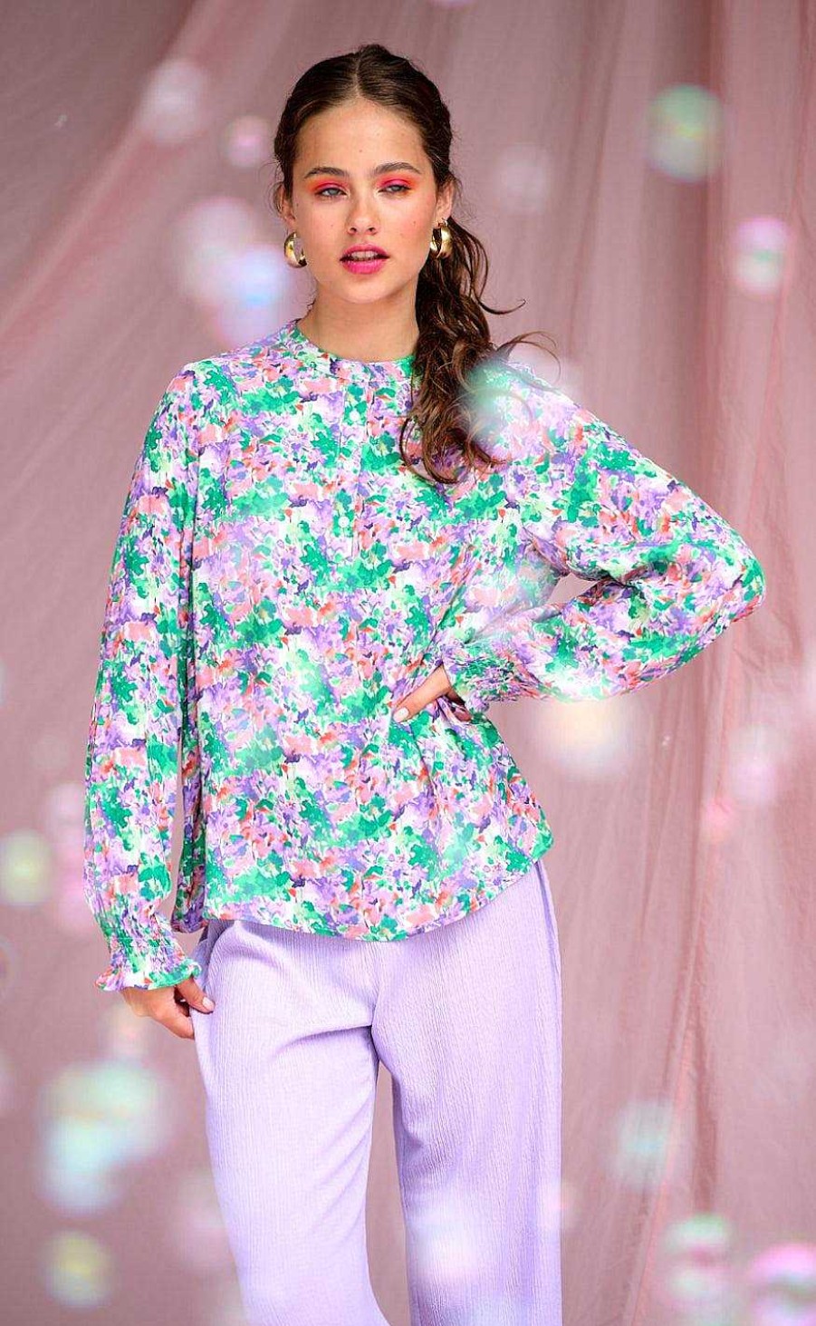 NOELLA Noella Blouse - Miu - Lilac/Green Blurry Flower | Blouses