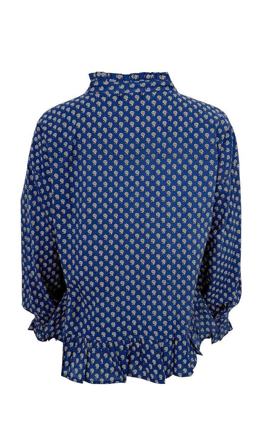 Black Colour Black Color Blouse - Flora Ruffle - Blue Floral | Blouses